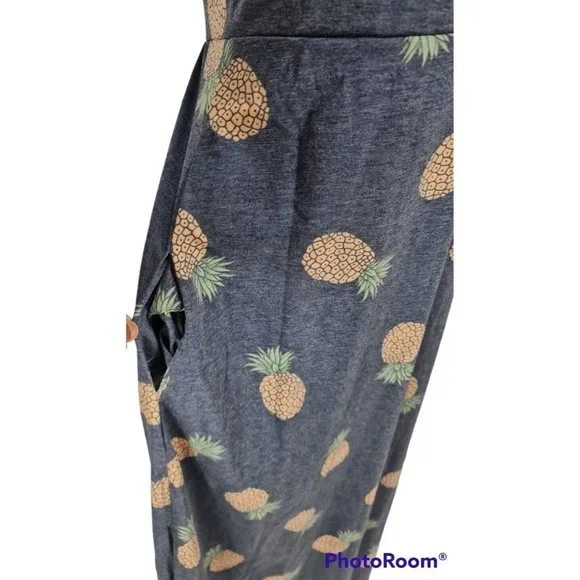 TICKLED TEAL Women Size S Pineapple Gray Maxi Fit & Flare Dress Crew Neck 91P - Picture 4 of 6